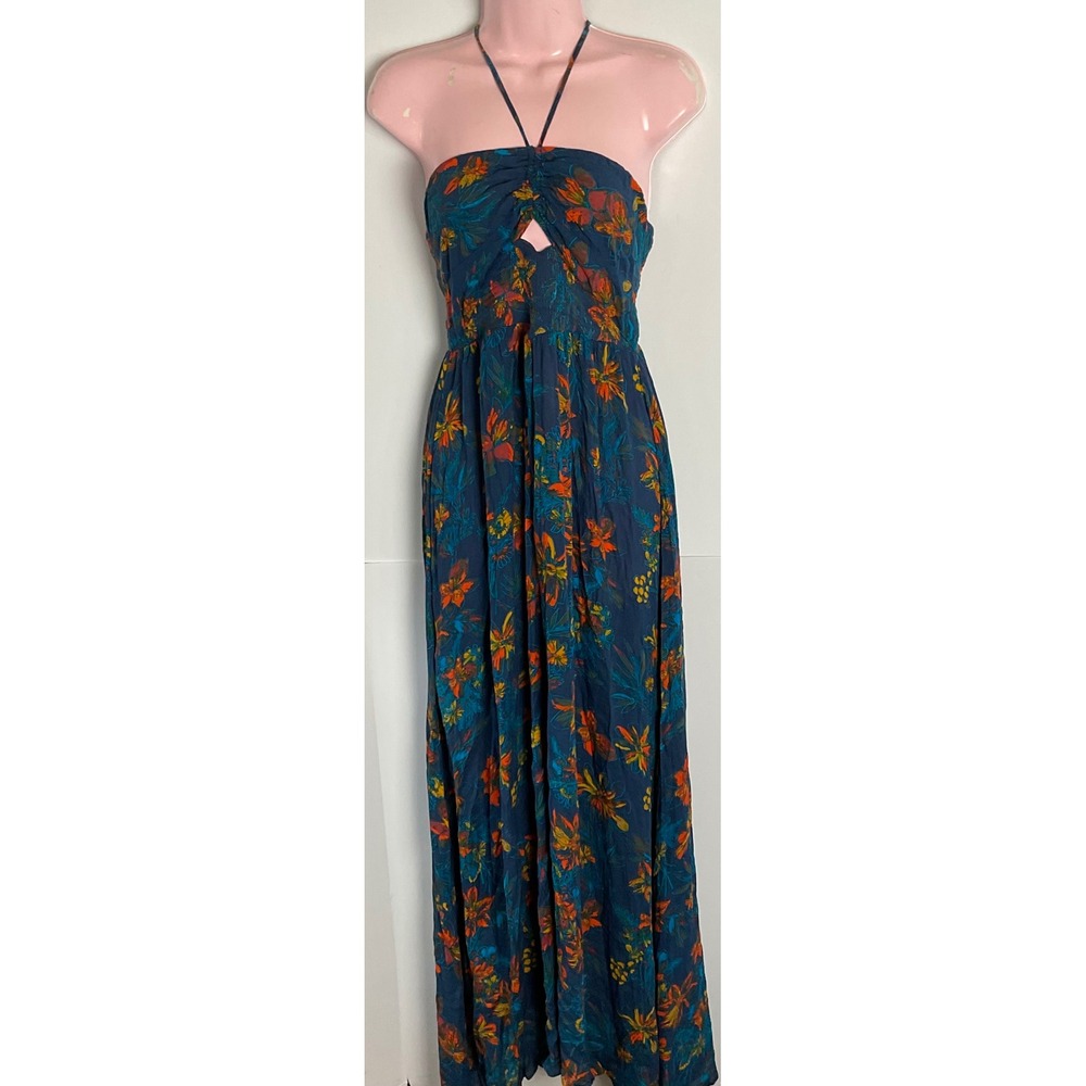 Free People Intimately Floral Halter Maxi Dress Navy Blue Keyhole Smocked Medium